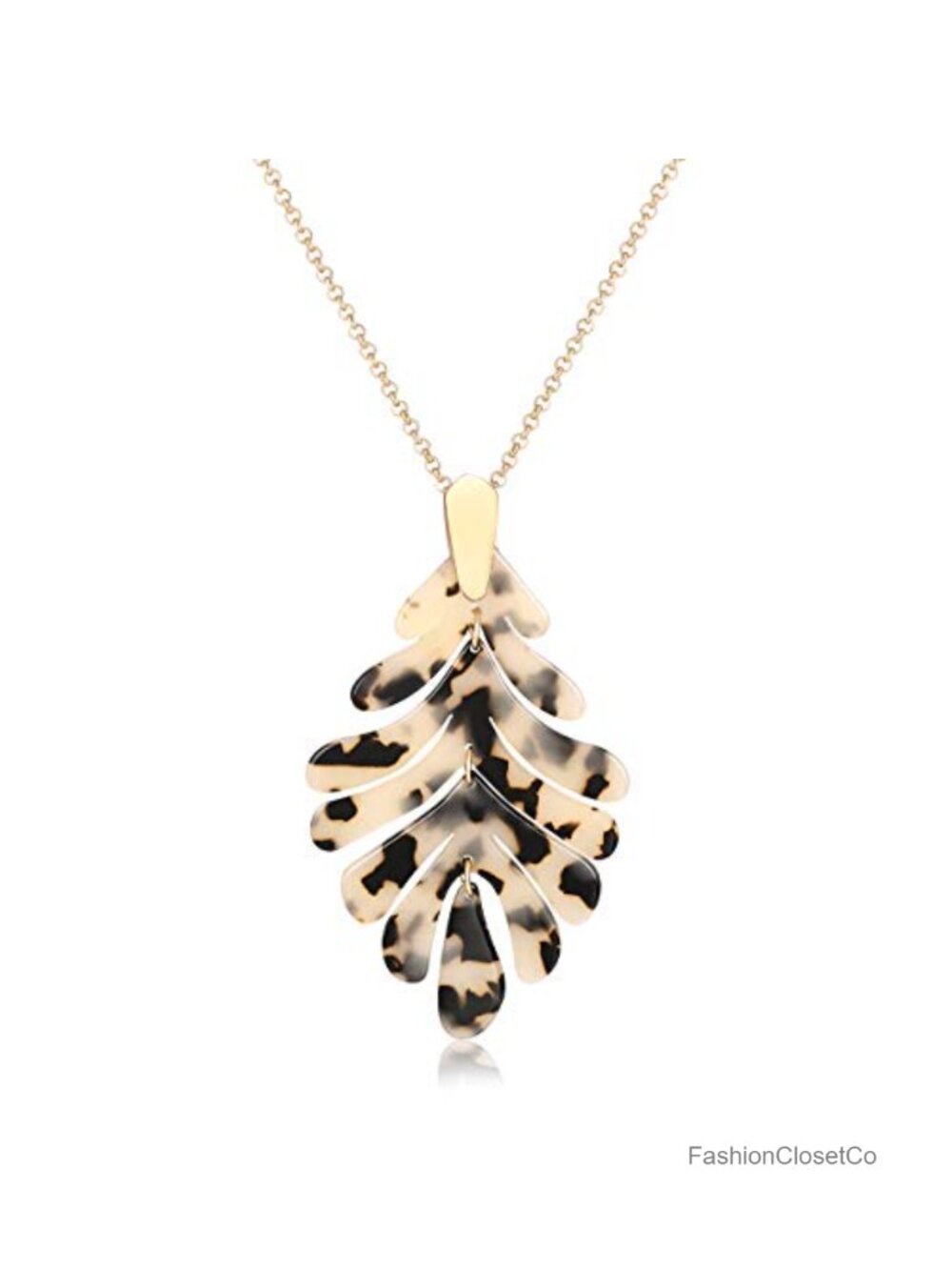 Gold Plated Brass Acrylic Leaf Pendant Necklace Statement Earrings Set